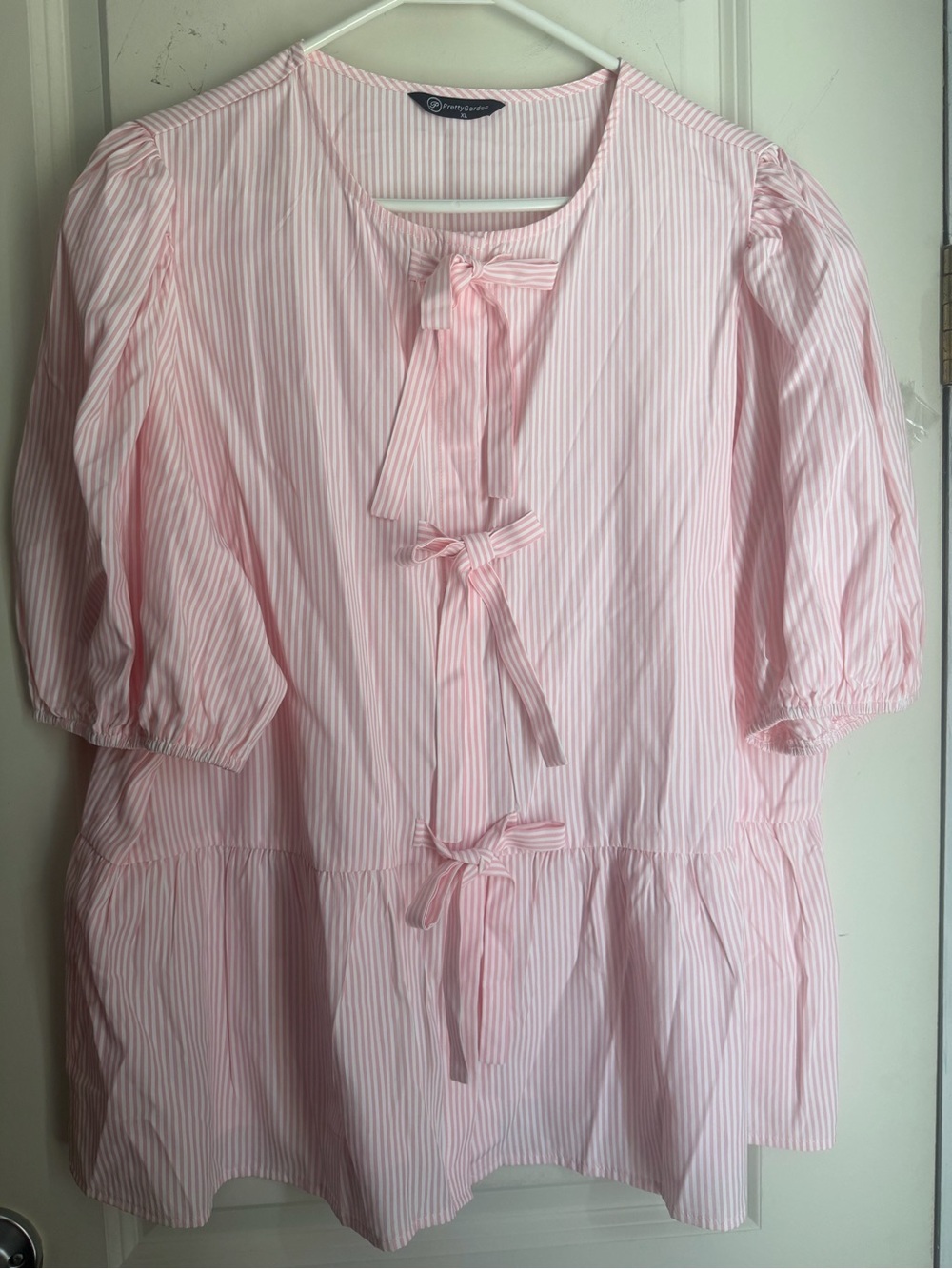 PRETTYGARDEN Women Striped Tie Front Babydoll Peplum Top XL twee